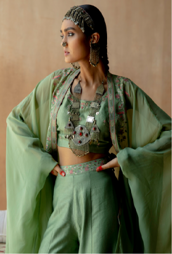 Sage Chanderi Bustier & Palazzo with Organza Shrug